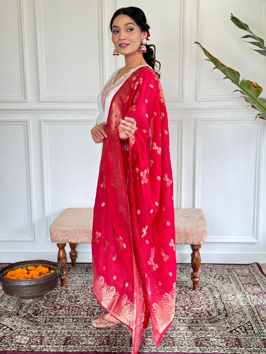 Beautiful White Color Jaquard Kurti Pant Set