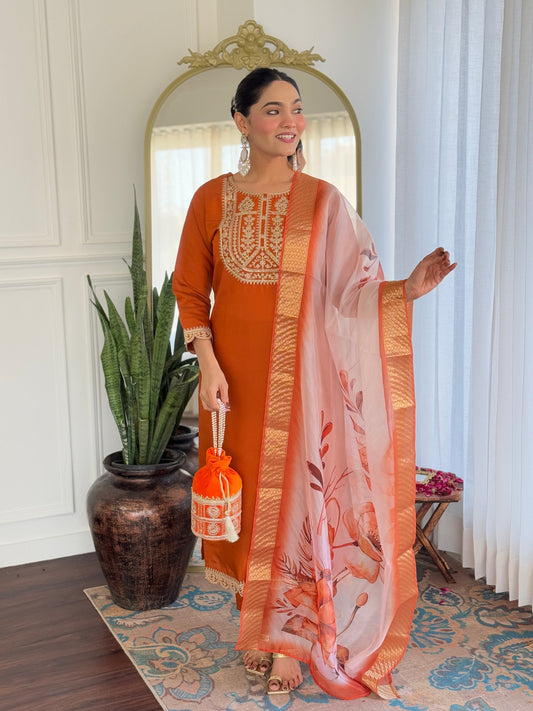 Beautiful Orange Color Viscose Rayon Fabric Kurtis Pant Set