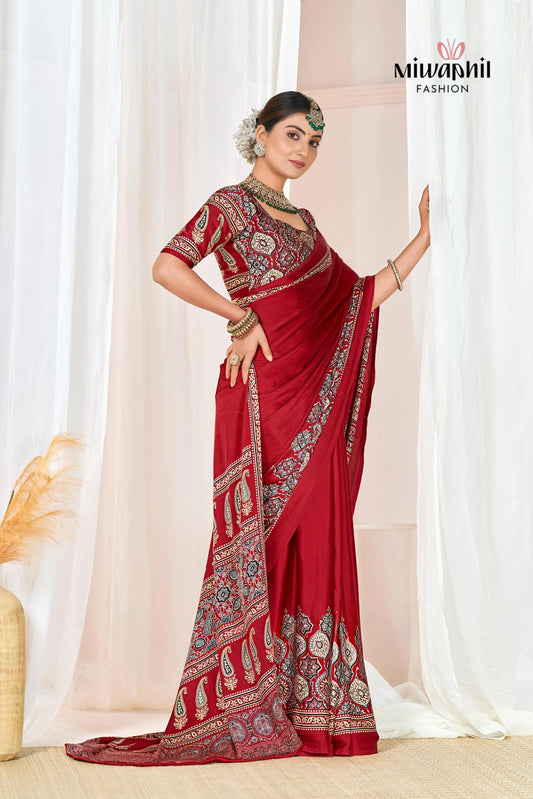 Maroon Ajrakh Printed Modal Silk Plain Saree With Ajrakh Blouse P6