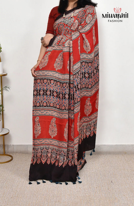 Red Ajrakh Printed Soft Gaji Silk Natural Print Saree