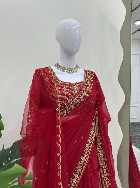 Beautiful Red Designer Saree on Faux Georgette Fabric with Thread & Sequence Work