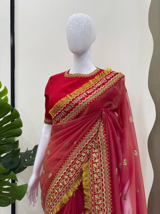 Beautiful Red Designer Saree on Twil Net Fabric with Thread & Sequence Work