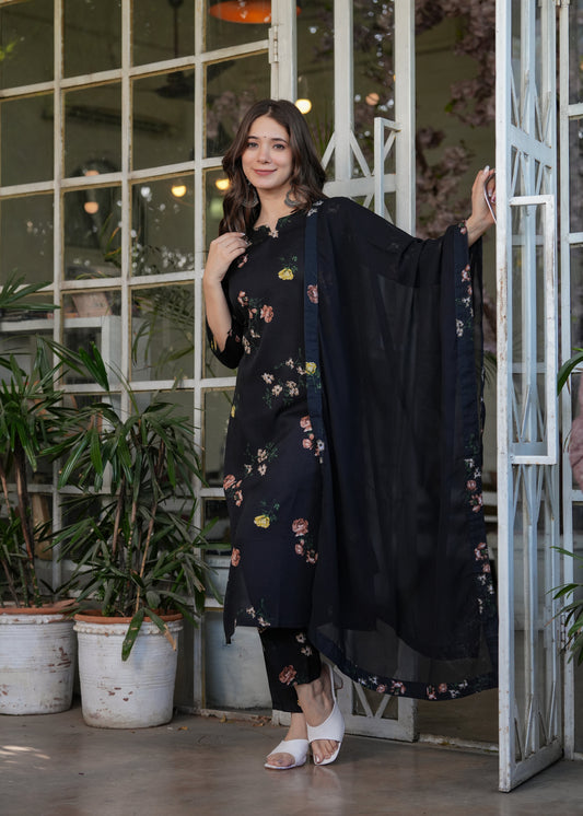 Beautiful Black Silk Bleand Fabric Kurtis Pant Set