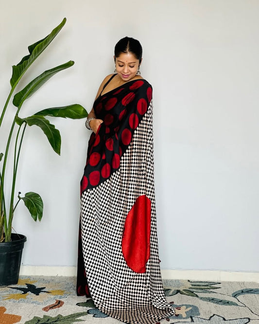 Red Ajrakh Primum Modal Silk Saree With Blouse