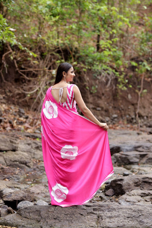 Pink Ajrakh Primum Modal Silk Saree With Blouse